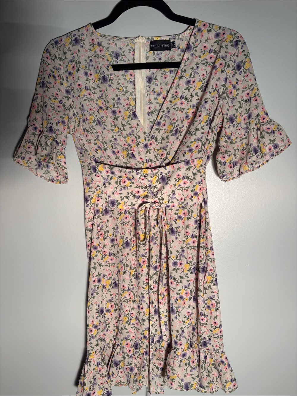 PrettyLittleThing Cream Floral Wrap Mini Dress in Pink and Yellow